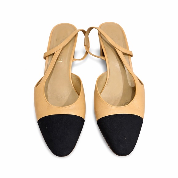 CHANEL Goatskin Grosgrain Cap ToeCC Slingback Pumps 39.5 Beige Black